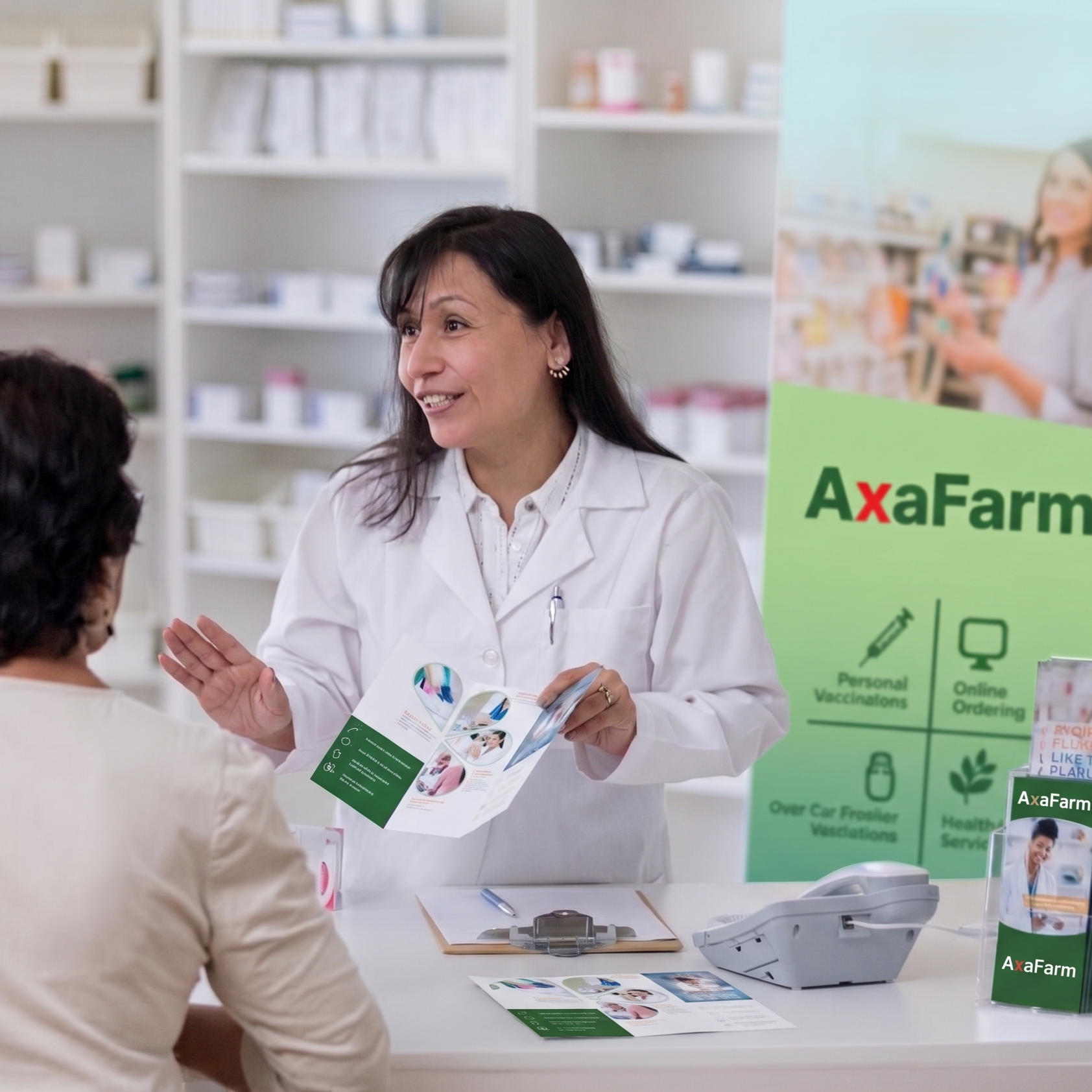 Farmacist AxaFarm consiliind un client în farmacie